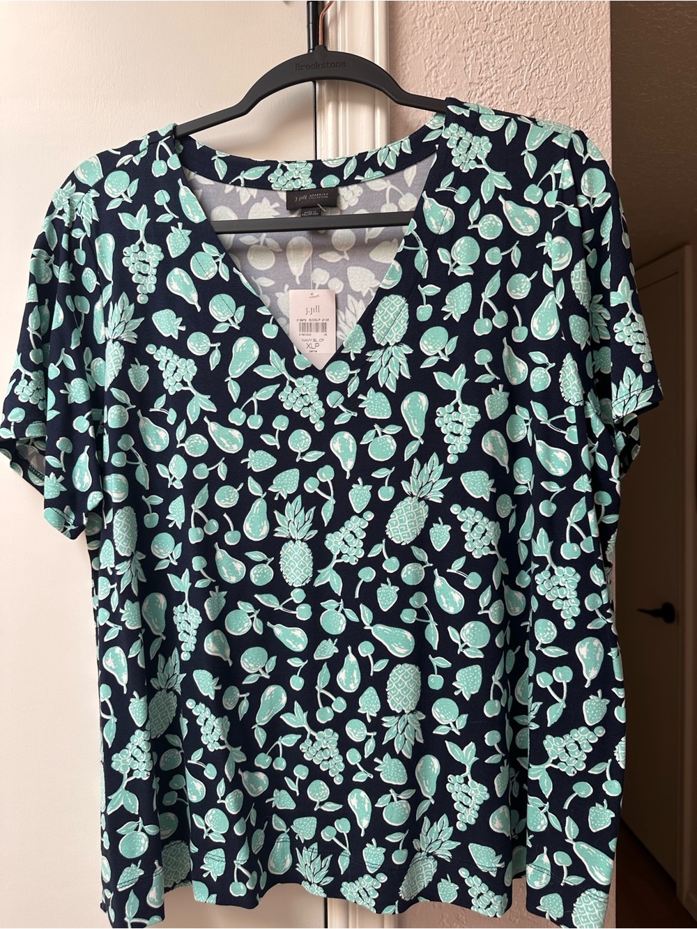 J. Jill Navy Tee with Aqua Fruit Print V-Neck